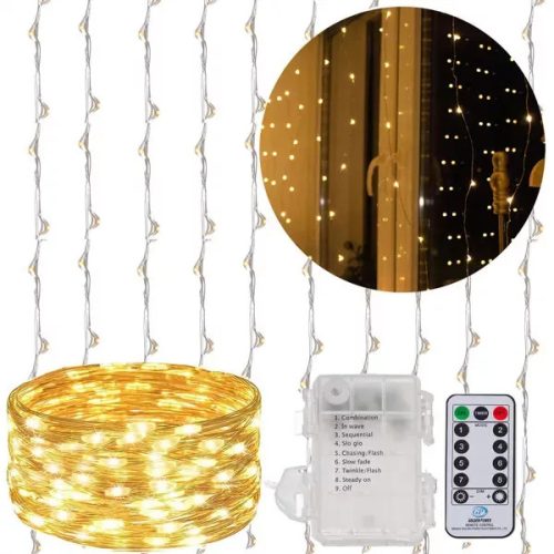 Fényfüggöny 300 meleg fehér LED, 3×3 m, elemes, távirányítós, IP44