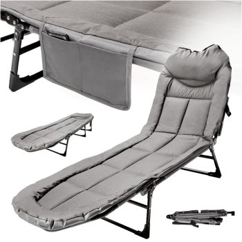   Összecsukható kempingágy párnával, acélszerkezet, 190x63x30,  szürke