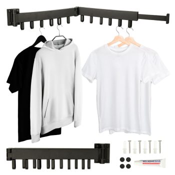   Ruhaszárító állvány, falra szerelhető, összecsukható, teleszkópos, fekete, 12 akasztóval, 90 cm