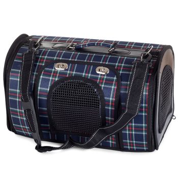   Kisállathordozó táska, állítható vállpánttal, nagy méretű, kék/kockás