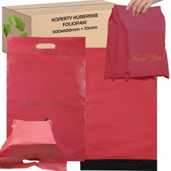   Piros színű futártasak ragasztócsíkkal és "Köszönöm" felirattal 500x600+70cm 50 db
