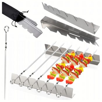 6 db acél grillnyárs állvánnyal, tároló zsákkal