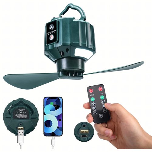 Hordozható 2 az 1-ben mennyezeti ventilátor sátrazáshoz, utazáshoz, távirányítóval, 5200 mAh
