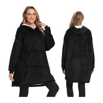   2in1 fekete pulóver-takaró, vastag béléssel, kapucnival és első zsebbel