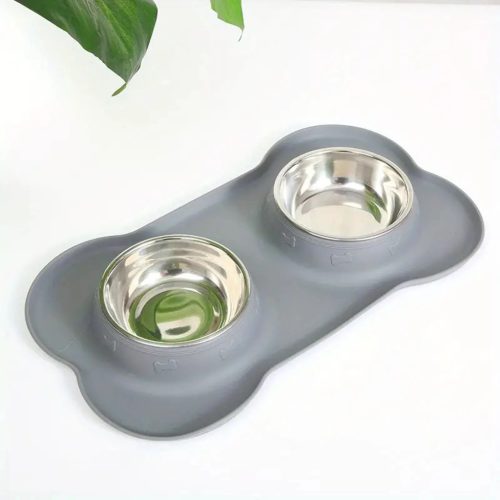 Rozsdamentes dupla etetőtál kutyáknak és macskáknak, szürke, 2x450 ml