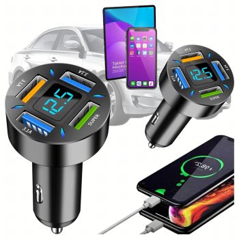  Gyors, nagy teljesítményű, 3,1 A-es autós töltő, LED LCD, 4 x USB 66 W-os gyorstöltéssel