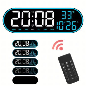   Nagy, ovális, 38 cm-es LED óra távirányítóval, naptárral, hőmérővel, páratartalom-mérővel és kettős ébresztővel 