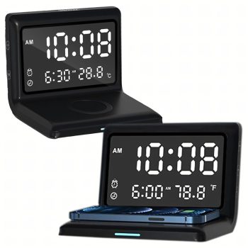   3 az 1-ben digitális ébresztőóra, vezeték nélküli töltő 15 W-os, hőmérővel 