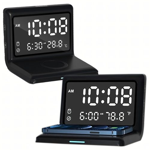 3 az 1-ben digitális ébresztőóra, vezeték nélküli töltő 15 W-os, hőmérővel 