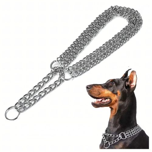 Erős fém láncos fojtónyakörv kutyáknak, 3 soros, 45 cm-es lánccal