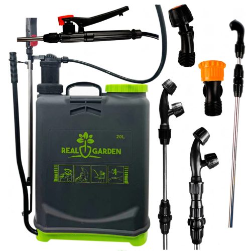 20 L-es háti nyomású permetező, állítható nyomás, ergonomikus pántok, hosszú lándzsa és flexibilis tömlő