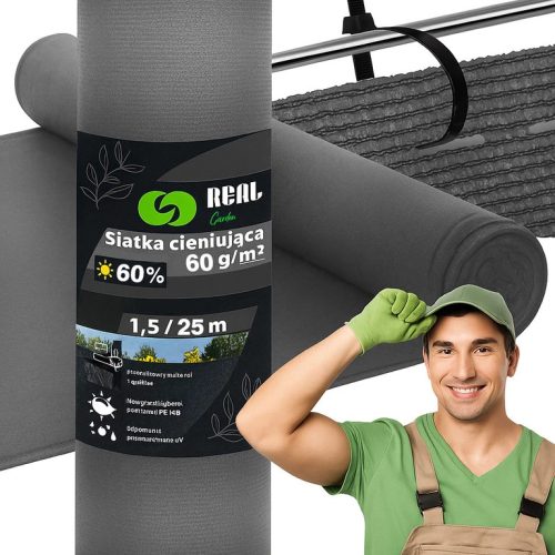 UV Álló Szürke Árnyékoló háló 1,5x25m, 60%-os Kerítéstakaró 60g, 100db kábelkötegelővel
