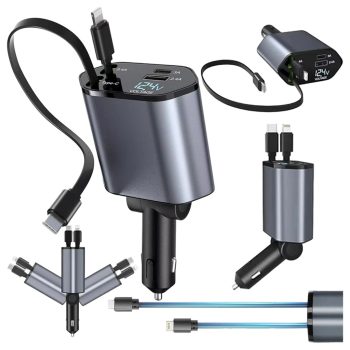   4 az 1-ben USB-C IOS autós töltő csatlakozós és visszahúzható kábellel