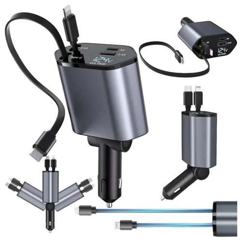 4 az 1-ben USB-C IOS autós töltő csatlakozós és visszahúzható kábellel