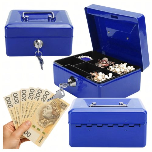 Fém persely kék, érméknek, bankjegyeknek, dokumentumoknak, széf kulcsoknak