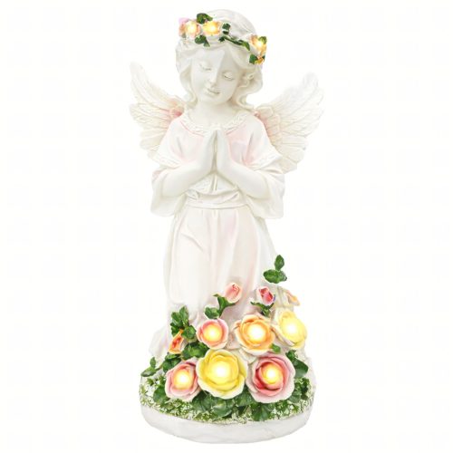 Angyal gyertyatartó figura dekoráció, napelemes led világítással, kertbe, teraszra fehér, műanyag