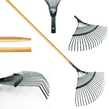  Kerti gereblye levelekhez és fűhöz, legyező alakú, 42 cm, fa nyéllel, 120 cm