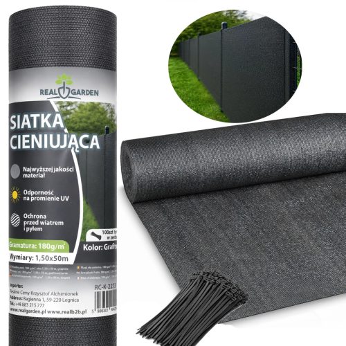 Árnyékoló háló 1,5x50m, 95%-os UV-szűrős, kerítéstakaró, 180g + 100 kábelkötegelő , fekete