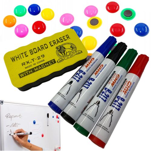 Filckészlet törölhető mágnestáblához, 4 szín, 12 mágnes, 1 szivacs