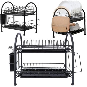   Nagy Kétszintes Fém Edényszárító állvány tálcával 50 × 35 × 25 cm -  Fekete 