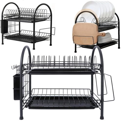 Nagy Kétszintes Fém Edényszárító állvány tálcával 50 × 35 × 25 cm -  Fekete 