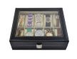 Műbőr óratároló doboz 10 rekesszel, üvegfedéllel