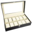 Óratartó doboz, karóra és ékszer rendszerező, 12 db rekesszel, elegáns ökobőr tokban, mágneses zárral, fekete