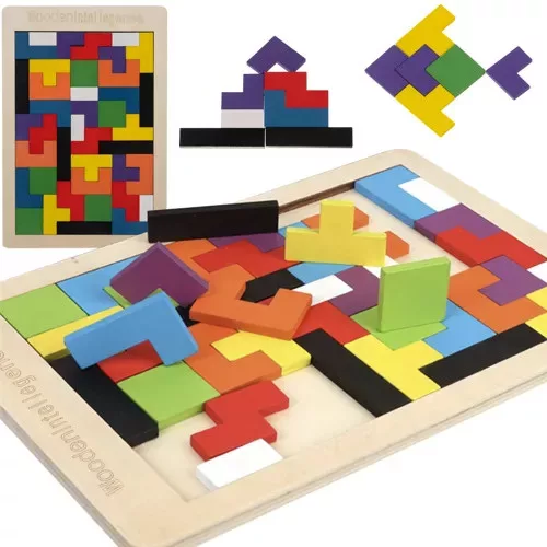 Színes fa puzzle készlet, 40 blokk + alap, 27 x 18 cm