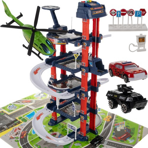 Parkolóház játékkészlet gyerekeknek, 4 emeletes parkoló 2 autóval és helikopterrel