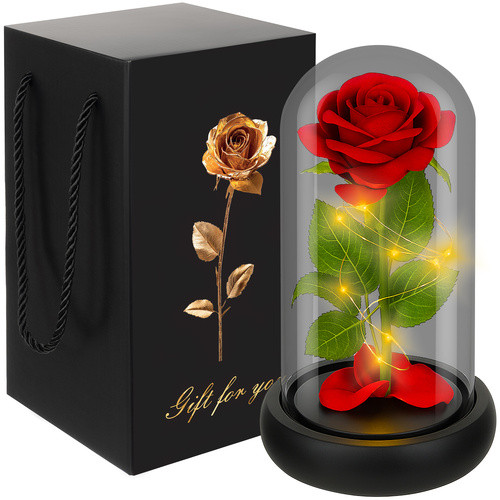 Örökrózsa üveg búra alatt RGB LED világítással, 21 cm, ajándékdobozban