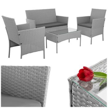   szürke rattan kerti bútor szett, 2 szék, kanapé és asztal - párnákkal