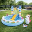 Vízi játszótéri vár + unikornis, csúszda, locsoló 196x178x127 cm