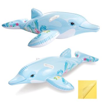   Felfújható delfin úszómatrac gyerekeknek 175 x 66 cm 2 fogantyúval, javító foltokkal