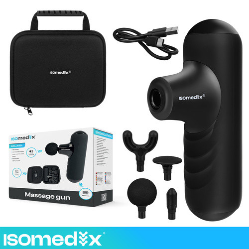 Mini Masszázspisztoly 2x2500 mAh, 5 üzemmód, 4 fajta cserélhető fej, USB tölő,  tok