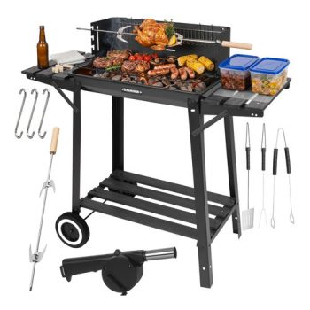   Kerti faszenes grill fedéllel és forgónyárssal, hordozható, stabil polcrostütővel 93x41x86cm