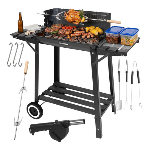 Kerti faszenes grill fedéllel és forgónyárssal, hordozható, stabil polcrostütővel 93x41x86cm